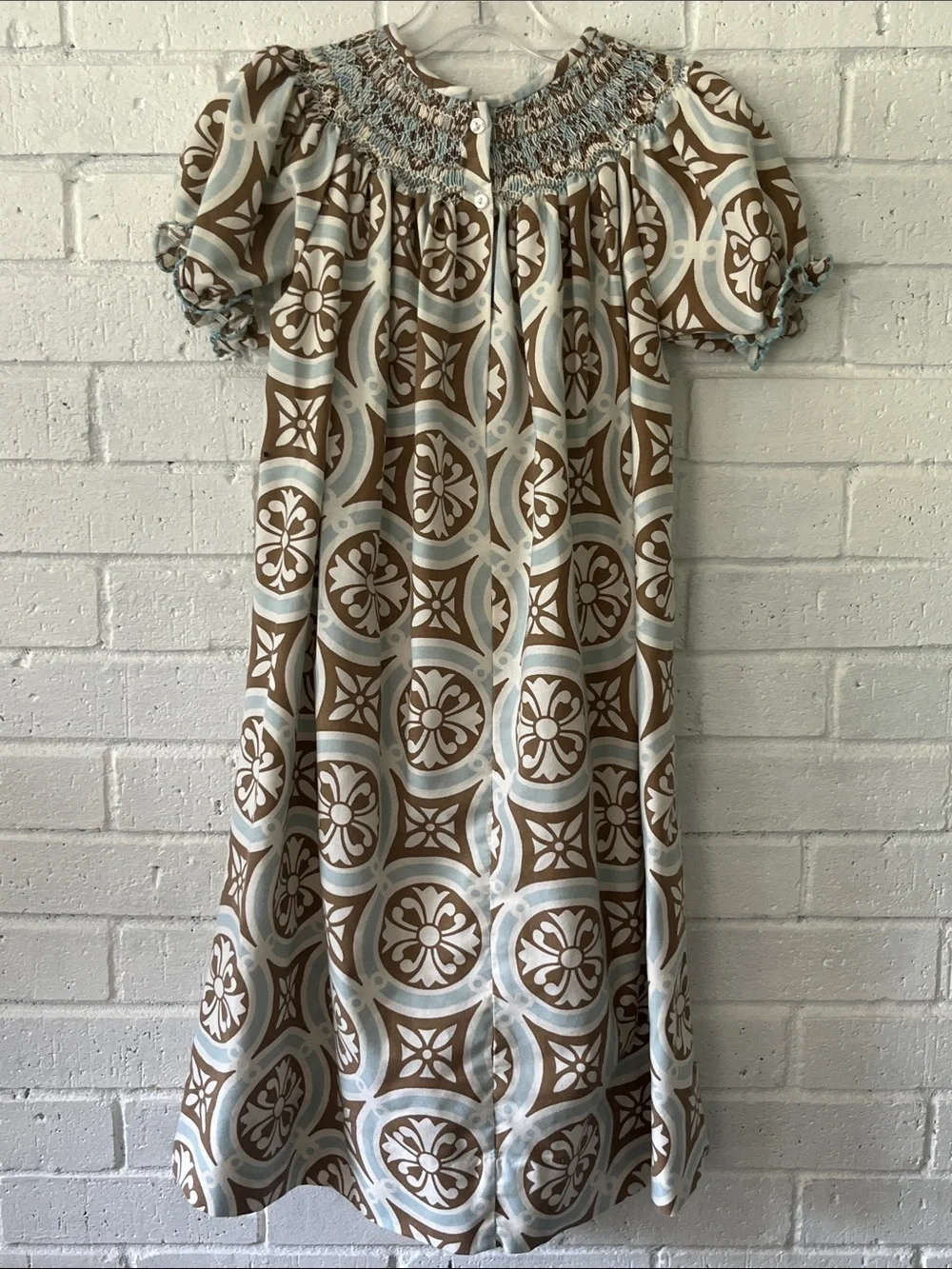 Le’ Za Le Hand Smocked Puff Sleeve 100% Cotton Dres Blue & Brown Geometric Print